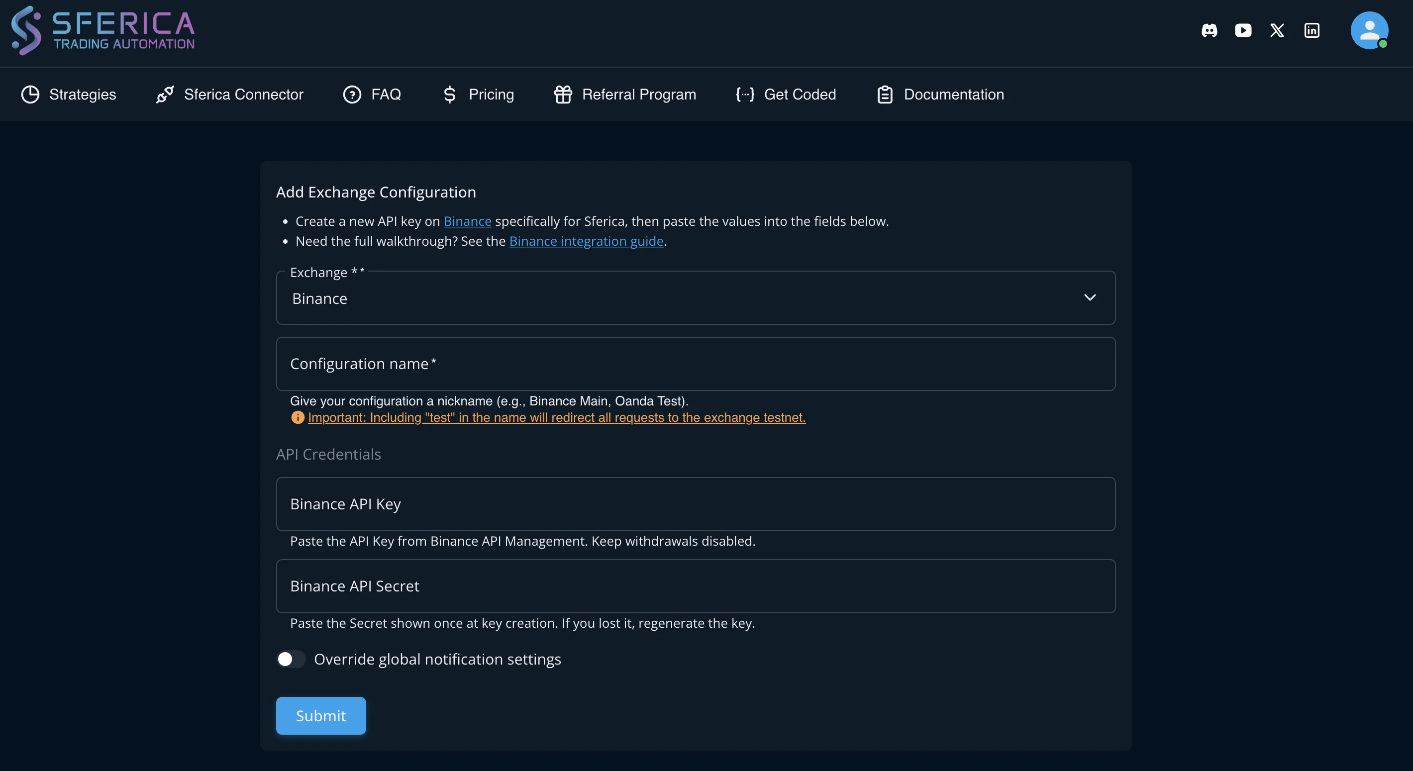 Sferica Add Exchange Configuration form for a Binance connector, showing fields for Exchange account name, API Key, and API Secret with helper text